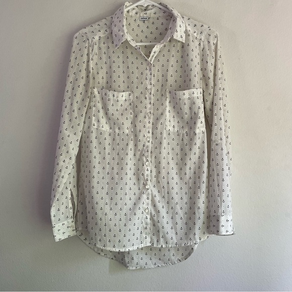 Pimkie white button up blouse anchor print long sleeve top - Picture 1 of 9